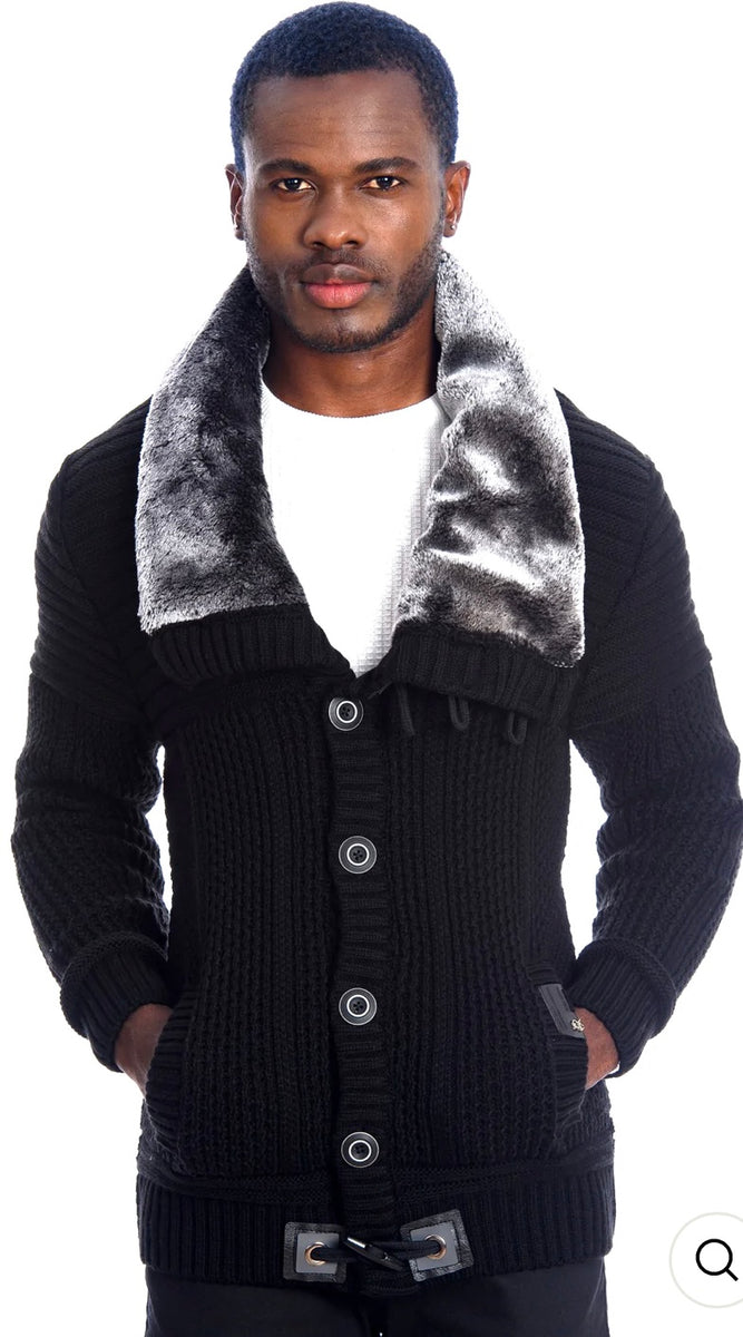 LCR Black Faux Fur Hooded Cardigan Sweater For Men