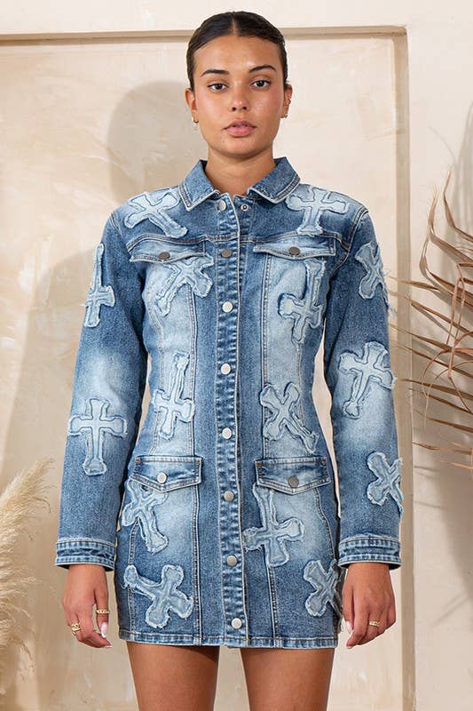 Cross Stitch Distressed Denim Mini Dress: Medium Wash / S