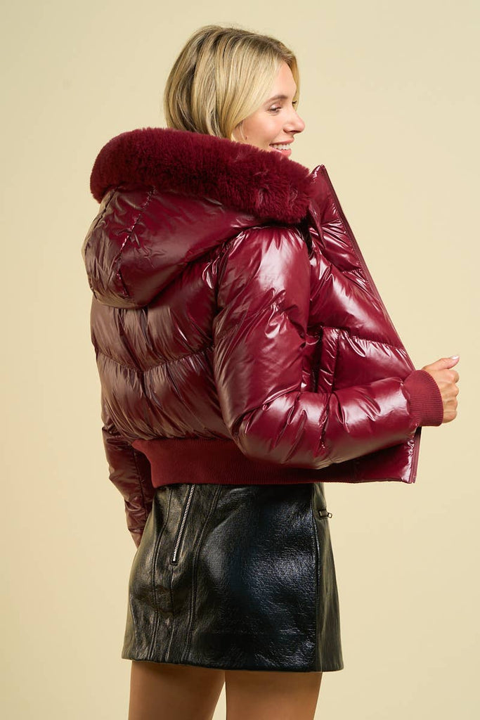 2493 - Puffer Jacket with Faux Fur Hood: Burgundy / M