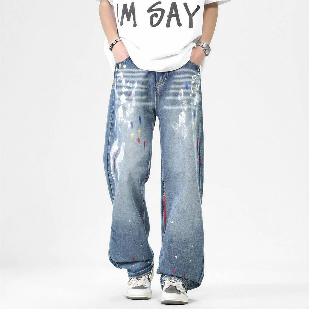 Men's Spring Graffiti Splash Ink Washed Baggy Denim Jeans: Blue / XL