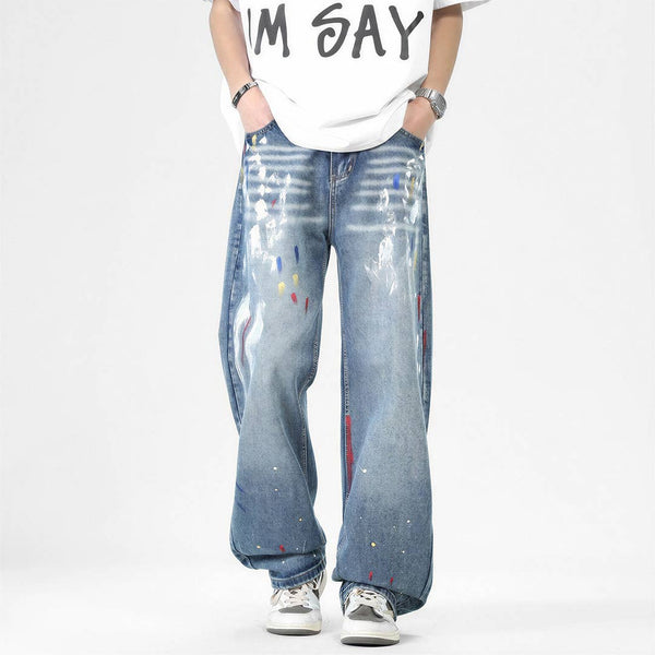 Men's Spring Graffiti Splash Ink Washed Baggy Denim Jeans: Blue / XL