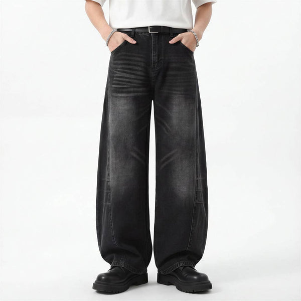 Men's Spring Black Gray Washed Cat Whisker Baggy Denim Jeans: Black / L