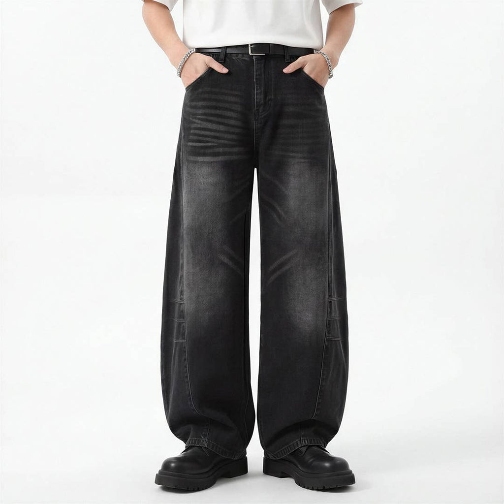 Men's Spring Black Gray Washed Cat Whisker Baggy Denim Jeans: Black / XL