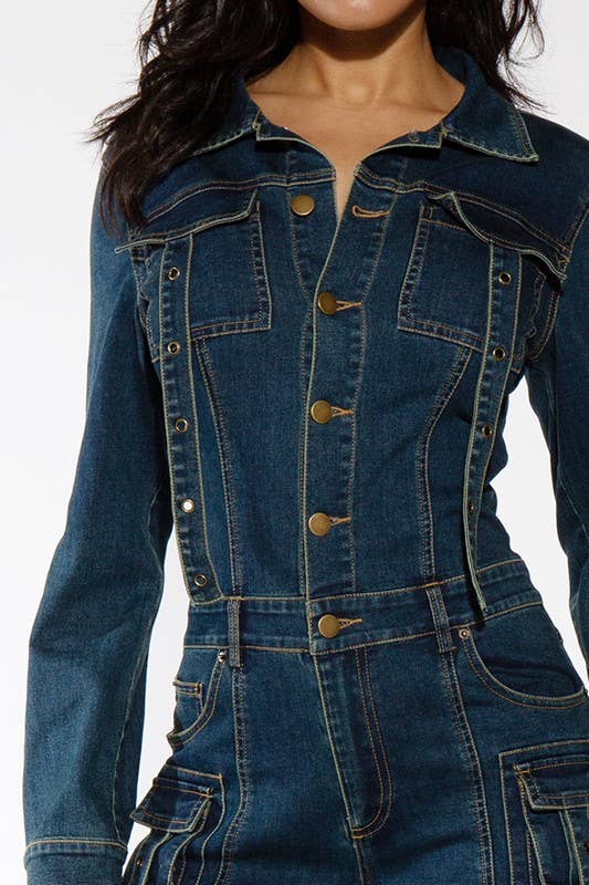 UTILITY FLARE HEM DENIM JUMPSUIT: Dark Wash / M
