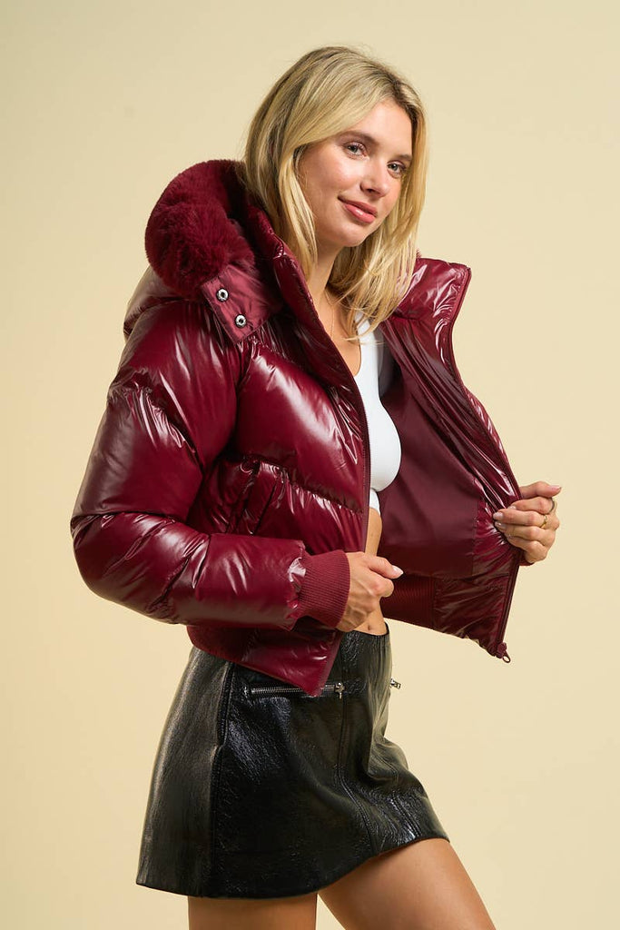 2493 - Puffer Jacket with Faux Fur Hood: Burgundy / L