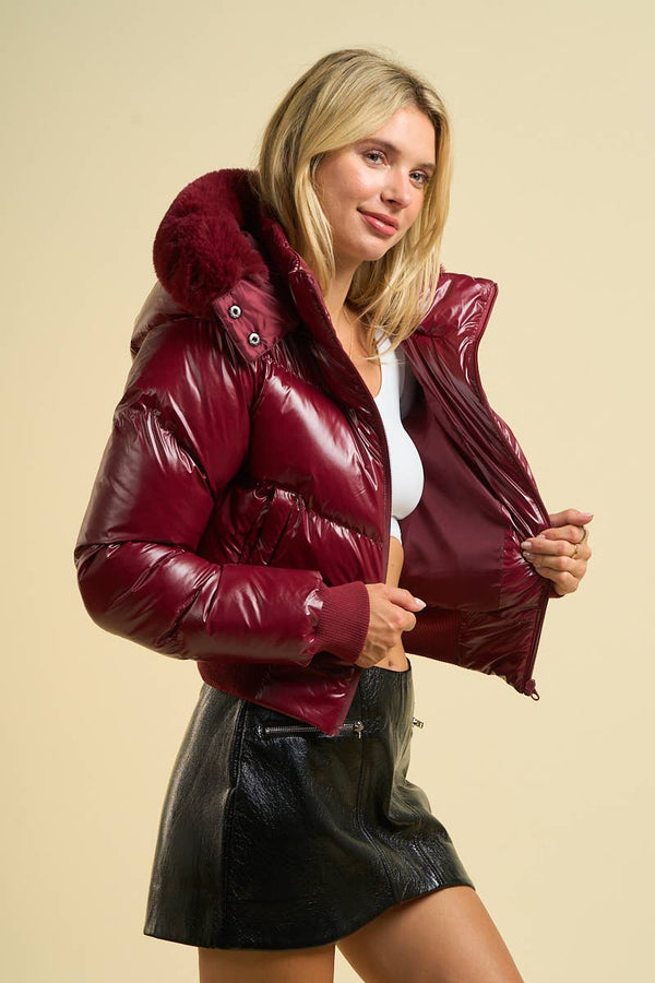 2493 - Puffer Jacket with Faux Fur Hood: Burgundy / L