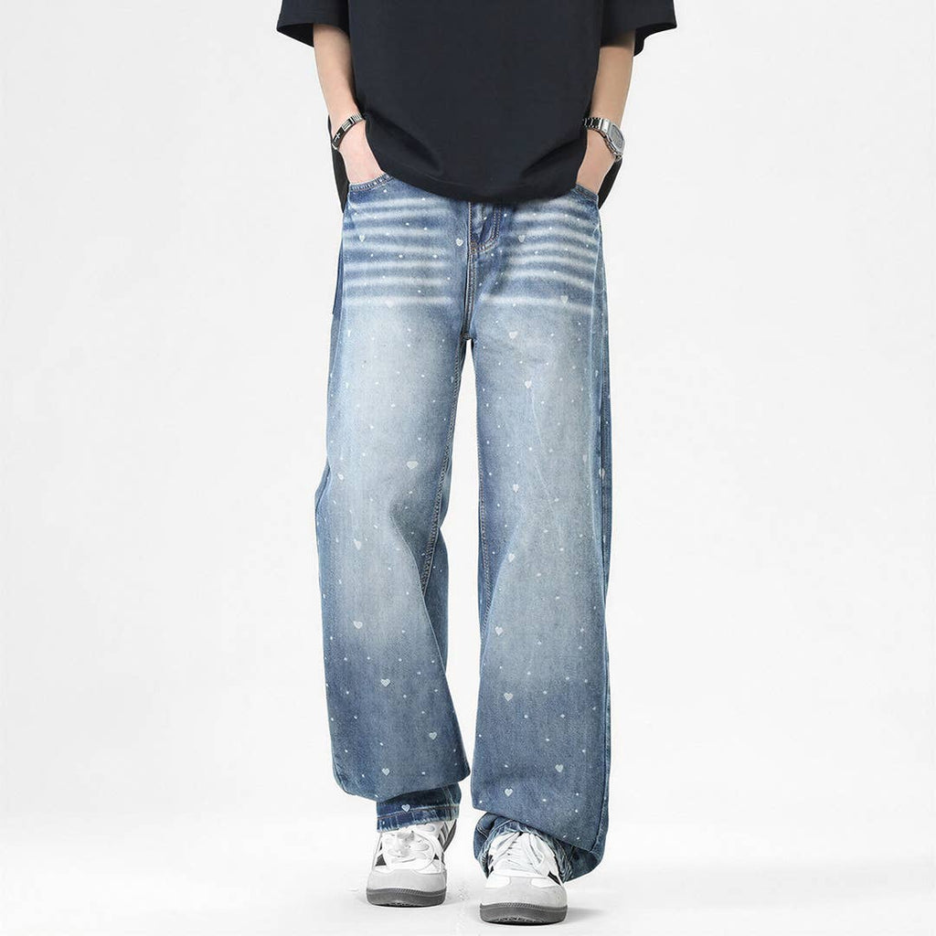 Men's Spring Heart Print Washed Baggy Wide Leg Denim Jeans: Blue / XL