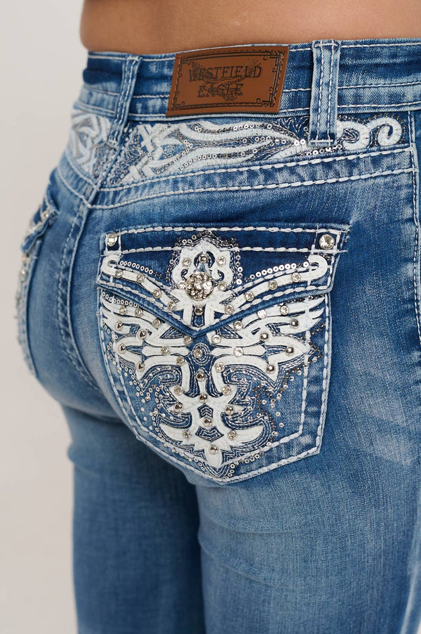 WF-357 FLARE STRETCHY WOMEN'S BLING JEANS WESTFIELD EAGLE : MID SAND WASH / 15